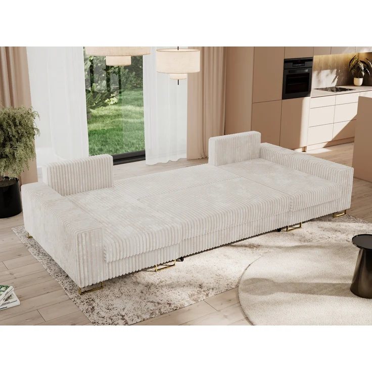 U-förmiges Ecksofa auf goldenen Metallbeinen, mit Schlaffunktion und drei Bettkästen für das Wohnzimmer - DORIAN U - Beige Cord – Bild 5