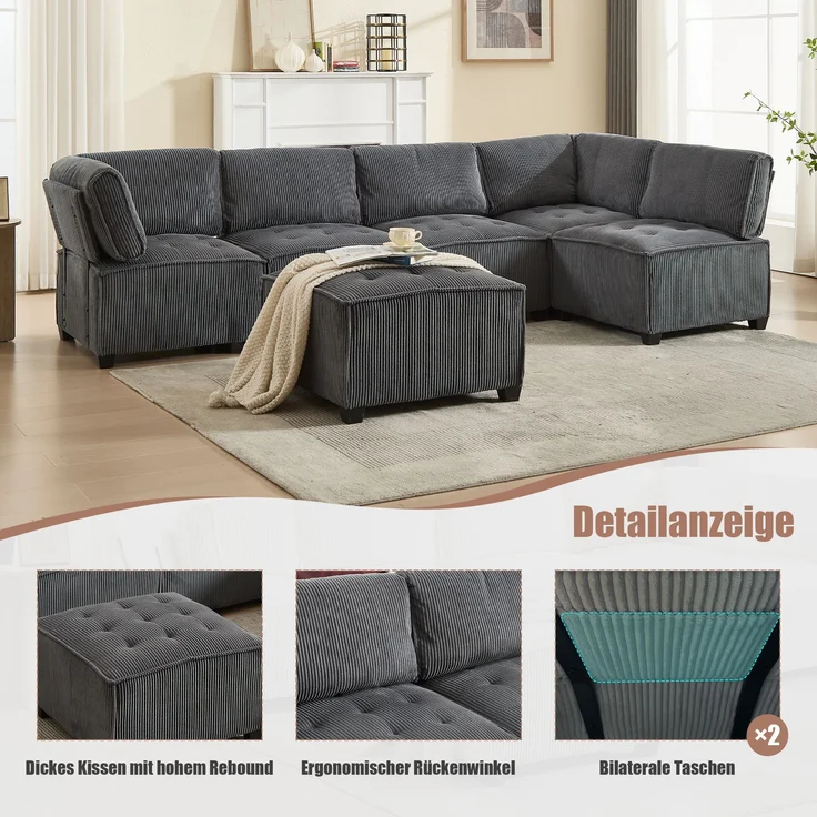 Modulares 6-Sitzer Cord-Sofa, grau, frei kombinierbar, 308x154x82 cm – Bild 8