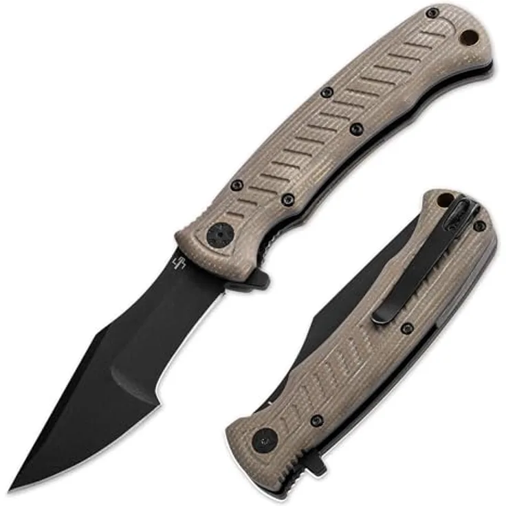 BÖKER PLUS® Micro Tracker Folder – klappbares Bushcraft-Messer mit 8,1 cm schwarzer 154CM Edelstahlklinge, Micarta Griff und Nylon-Etui in Geschenk-Box