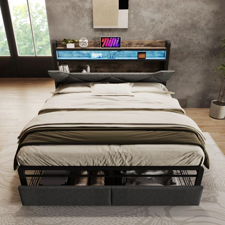 Bettgestell 160x200 cm mit LED-Kopfteil,Stauraum-Kopfteil & 2 Schubladen,Leinen Grau,USB & Typ-C Ladeanschlüsse – Bild 3