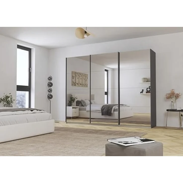Rauch Möbel Kulmbach, Kleiderschrank mit Schwebetüren für Schlafzimmer, Kinderzimmer, Jugendzimmer, Garderobe, Flur, 3-türig, mit Spiegel, Zubehör Basic, Farbe Grau metallic, Schwarz, Breite 271 cm – Bild 2