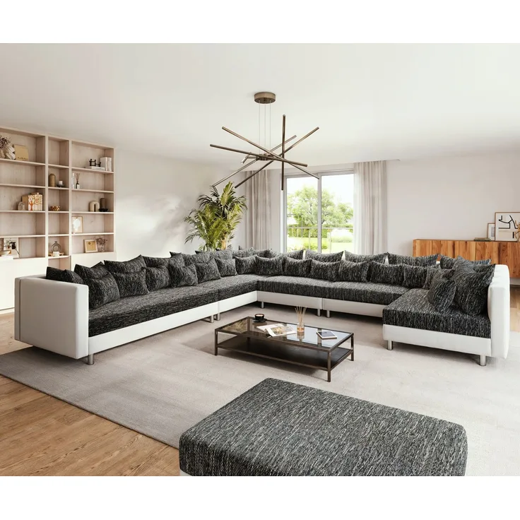 Wohnlandschaft Clovis XXL Weiss Schwarz mit Hocker Ottomane Links