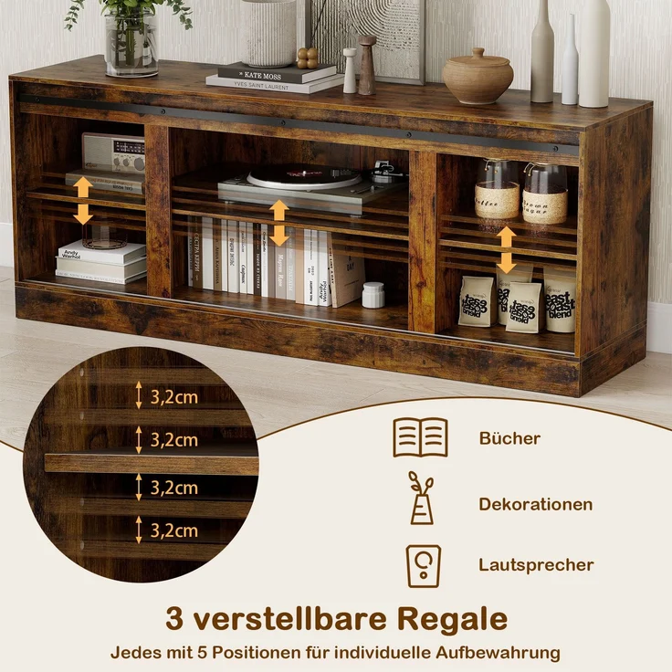 TV Schrank mit 2 Schiebetüren & Verstellbaren Regalen TV-Ständer für bis 70" Fernseher Lowboard – Bild 4
