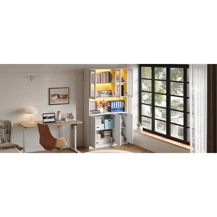 ZUBALIYA Bücherschrank 100×35×200 cm mit Glastüren und LED-Beleuchtung – Standregal mit Vitrine, offenem Fach und 3 Türen, Aktenschrank für Ordner und Bücher, Weiß – Bild 12