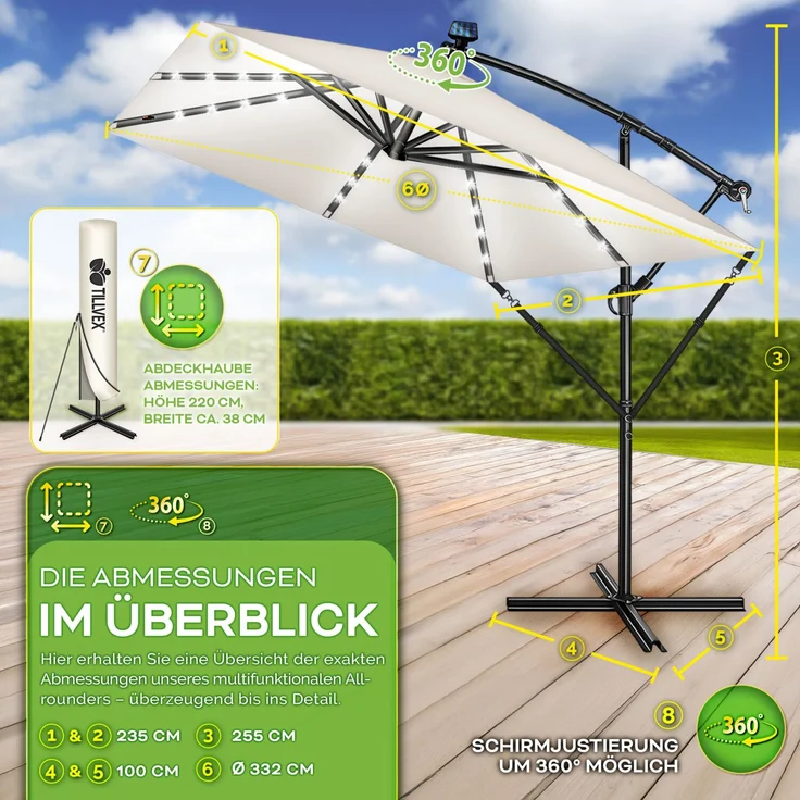 tillvex® Alu Sonnenschirm Rechteckig Ø 330 cm mit LED Solar Beige + Abdeckung mit Kurbel | Ampelschirm mit Ständer & Windschutz | Gartenschirm UV-Schutz, wasserdicht, 360° drehbar | Kurbelschirm Marktschirm – Bild 4
