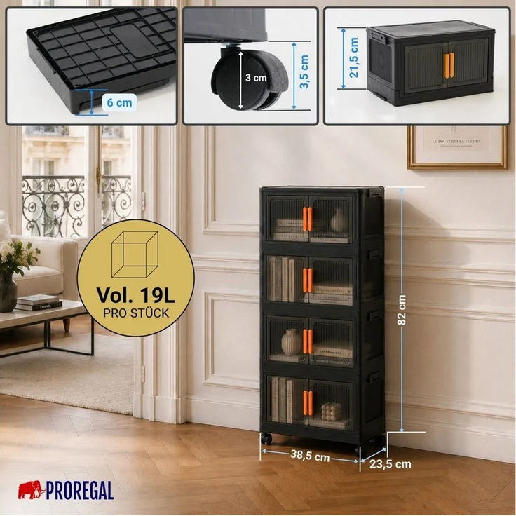 PROREGAL® Aufbewahrungsbox EasyCube stapelbar 4 Ebenen & Rollen Stapelboxen – Bild 2