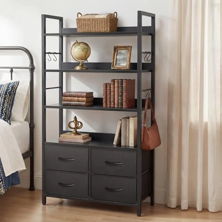 YITAHOME Industrie-Bücherregal, 4-stöckiges Regal mit verstellbaren Einlegeböden und 4 Stoffschubladen, freistehendes Präsentationsregal mit Metallrahmen für Wohnzimmer, Schwarz – Bild 8
