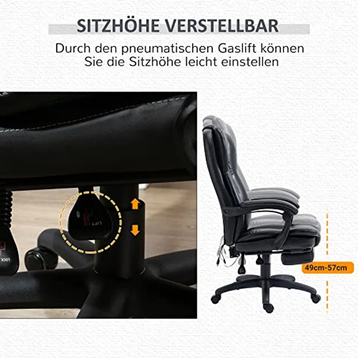 Vinsetto Bürostuhl mit Fußstütze und Massagefunktion, höhenverstellbar, 360° Drehung, 6 Vibrationspunkte, 5 Massagemodi – Bild 6