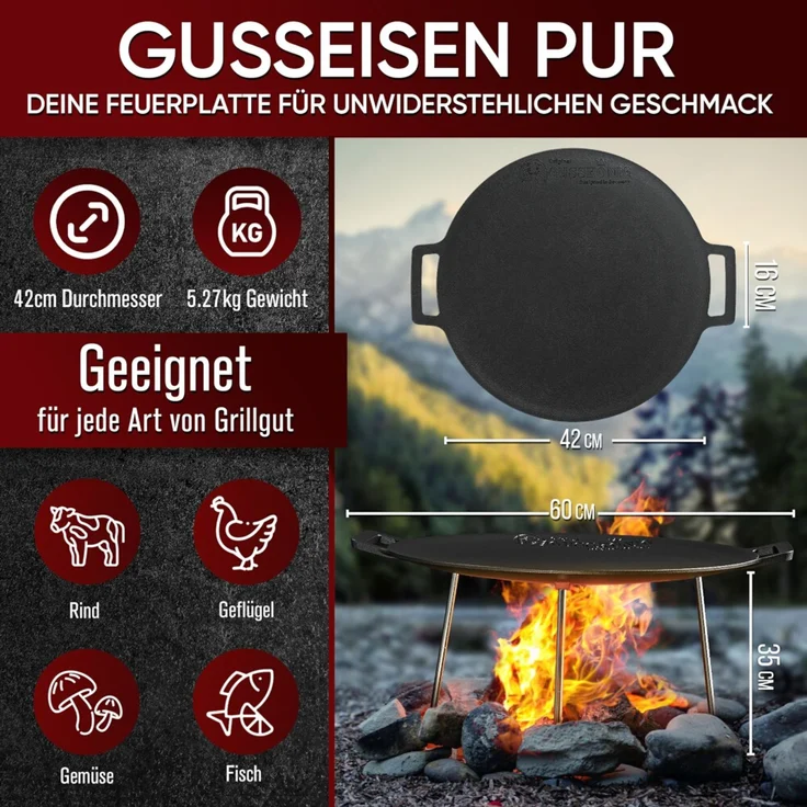 Feuerplatte 45 cm aus Gusseisen – mit abnehmbaren, 3-fach verstellbaren Füßen, massive Grillplatte für Feuerstelle, Plancha & Outdoor – Bild 3