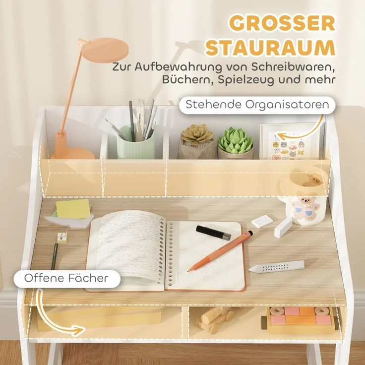 Kinder-Schreibtisch-Set mit Stauraum, offene Fächer, Stuhl, 3-8 Jahre, Holz--Naturholz--60x48x68cm--YOUDENOVA – Bild 4