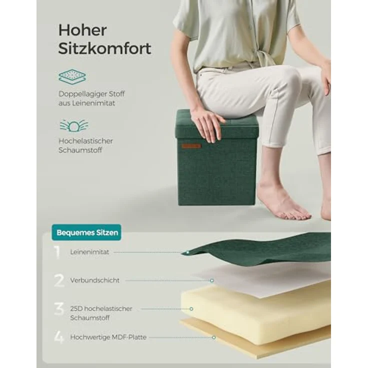 Songmics Sitzhocker mit Stauraum, kleine klappbare Sitzbank, 30x30 cm Fußbank, Aufbewahrungsbox, bis 130 kg belastbar, für Wohnzimmer Schlafzimmer Schlafsaal, vintagegrün LSF028C01 – Bild 6