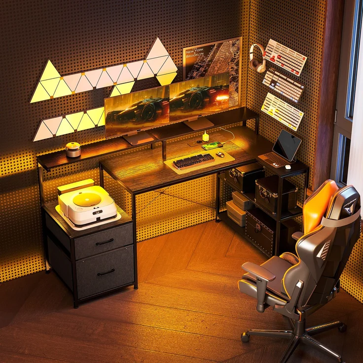 MELAYR, Gaming Tisch L-förmiger Schreibtisch mit LED & Steckdosen, mit Doppelmonitorständer, 165x80x91.5 cm, Schwarz – Bild 4
