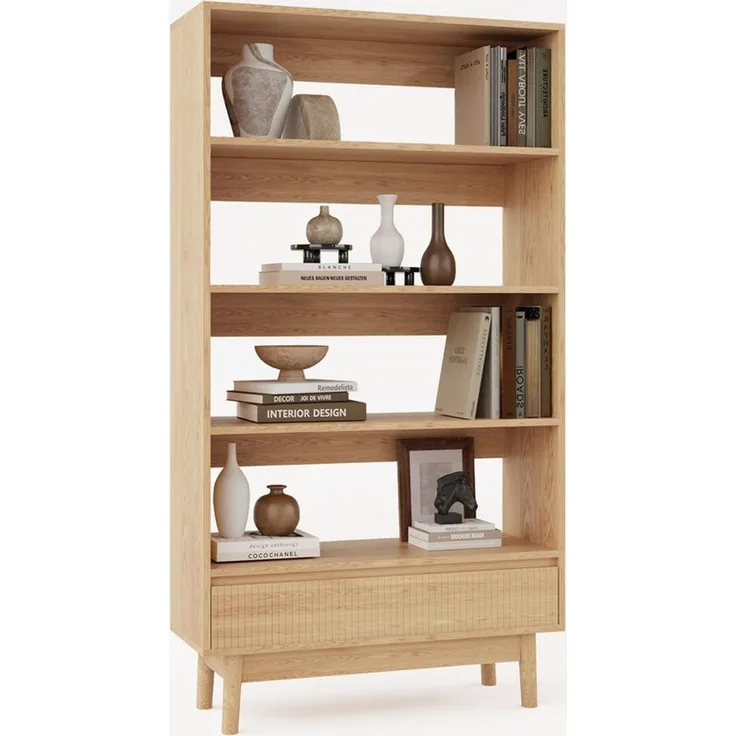 VOWNER Bücherregal mit Schublade, offenes Standregal, modernes Holzregal, 1-tlg, vielseitiges Aufbewahrungsregal, 3 Ebenen, Maße 80x120x30 cm
