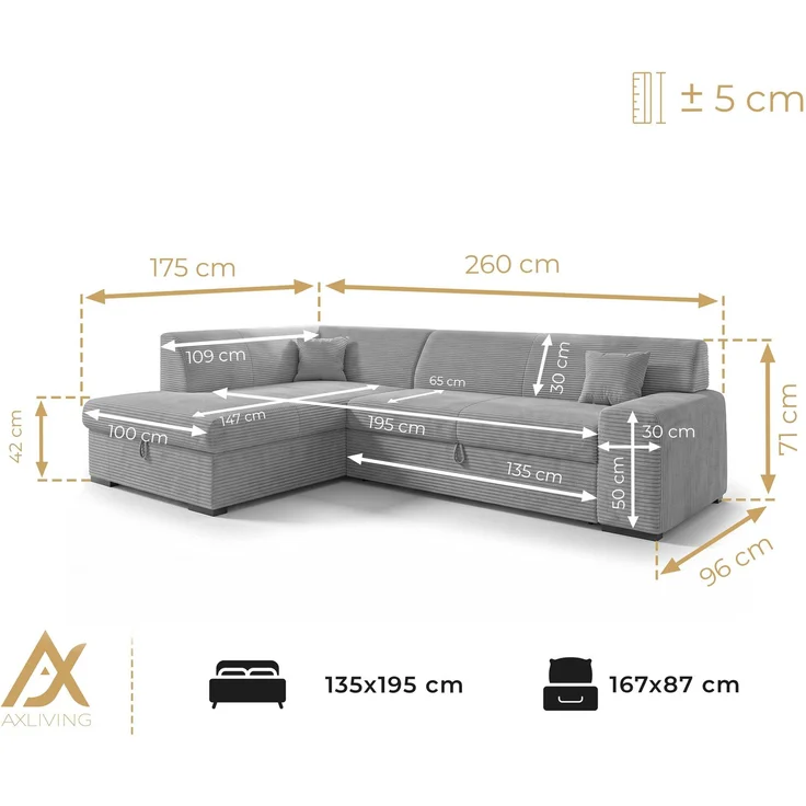 AX LIVING Couch für Wohnzimmer Lucera 260 cm Flaschengrün Schlafsofa L – Bild 5
