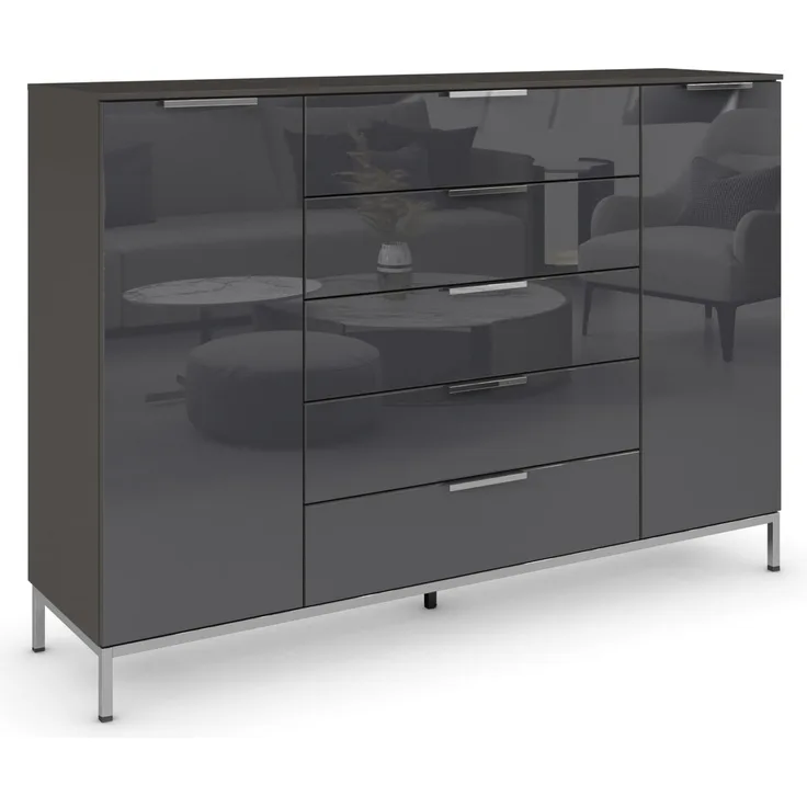 Rauch Möbel Flipp, Nachttisch für Schlafzimmer, Flur, Garderobe, 2-türig, 5 Schubladen, mit Softclose-Funktion, Griffe und Metallkufe Chrom, Farbe Glas Basalt, Schwarz, Breite 160 cm