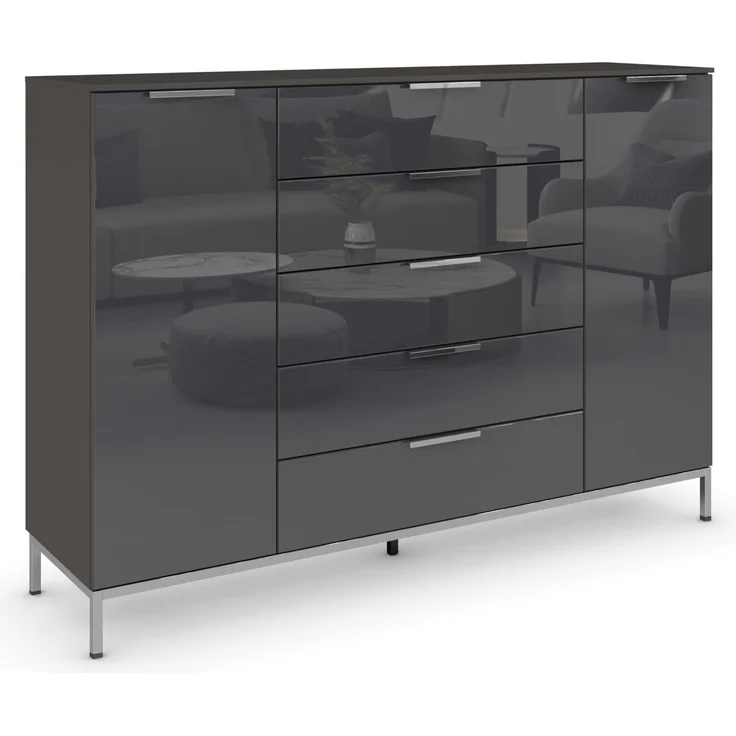 Rauch Möbel Flipp, Nachttisch für Schlafzimmer, Flur, Garderobe, 2-türig, 5 Schubladen, mit Softclose-Funktion, Griffe und Metallkufe Chrom, Farbe Glas Basalt, Schwarz, Breite 160 cm