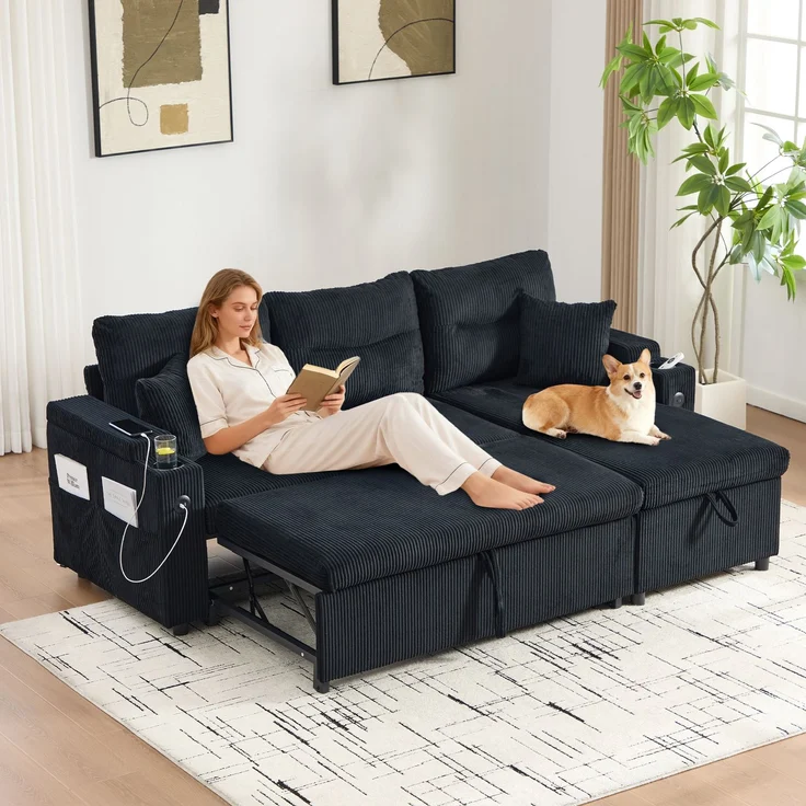EINHOM Moderne 3-Personen Cordsofa mit Stauraum, Getränkehaltern und USB-C. hydraulischer Chaiselongue und Schubladenbett – Stilvolles Design trifft Komfort, Flexibilität und wohnliche Atmosphäre – Bild 1