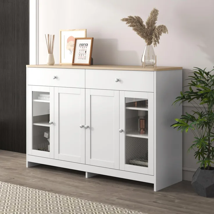 FurnitureR Weiße Midi-Sideboard, Skandinavisches Design, Holzfurnier, Modern und Funktional, Vielseitig für Küche und Wohnzimmer