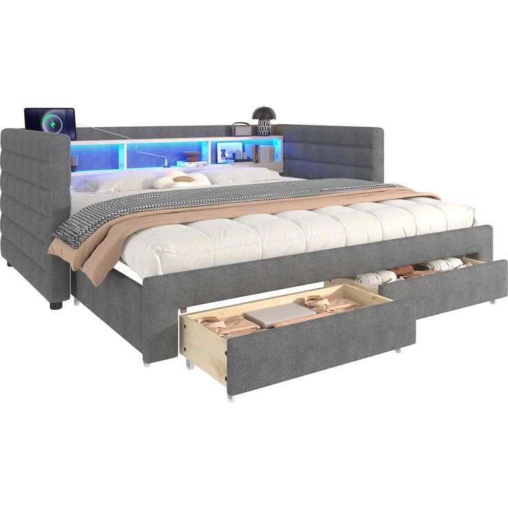 Tagesbett, Daybett, Schlafsofa, 90 × 190 cm, multifunktionales Ausziehbett-Design, USB- + Typ-C-Anschlüsse, mit zwei Schubladen, mehreren Staufächern, LED-Lichtleiste, Ohne Matratze, Samt, Grau – Bild 7