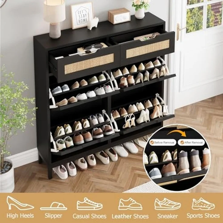 Jocoevol Schuhschrank aus Rattan, Schuhregal mit 4 Klappfächern und 2 Schubladen, Schmaler Schuhkipper mit Metallbeinen, für Diele & Flur & Eingangsbereich, Schwarz – Bild 4