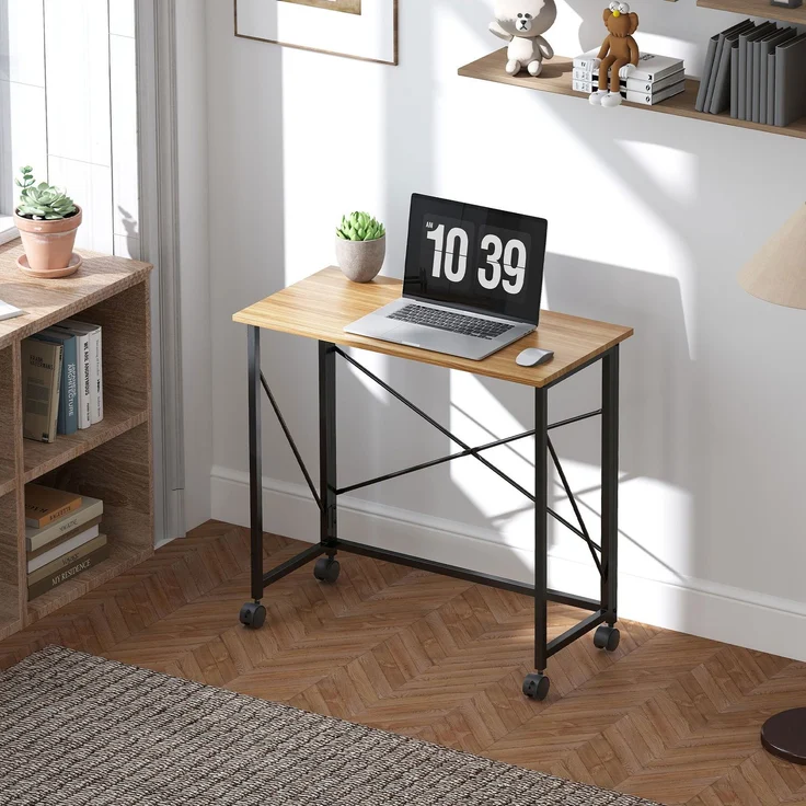 MELAYR, Klappbarer Schreibtisch mit Rädern, platzsparend, Stahl, MDF, Eiche, 80 x 40 x 75 cm – Bild 4