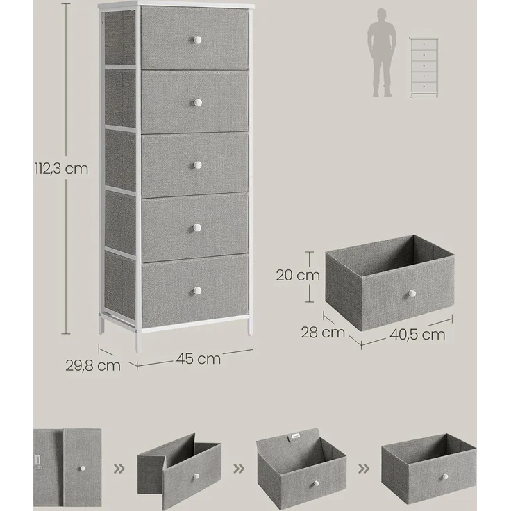 Songmics Kommode, Aufbewahrungsschrank mit 5 Stoff-Schubladen, Metallrahmen, hoch und schmal, taubengrau-cremeweiß LTSDE315G01 – Bild 3