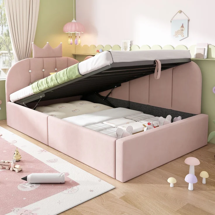 Merax Einzelbett, 90x200 cm Polsterbett, Daybett, Tagesbett-Schlafsofa mit Stauraum (hydraulisch), Gästebett L-Form Samt, Rosa – Bild 2
