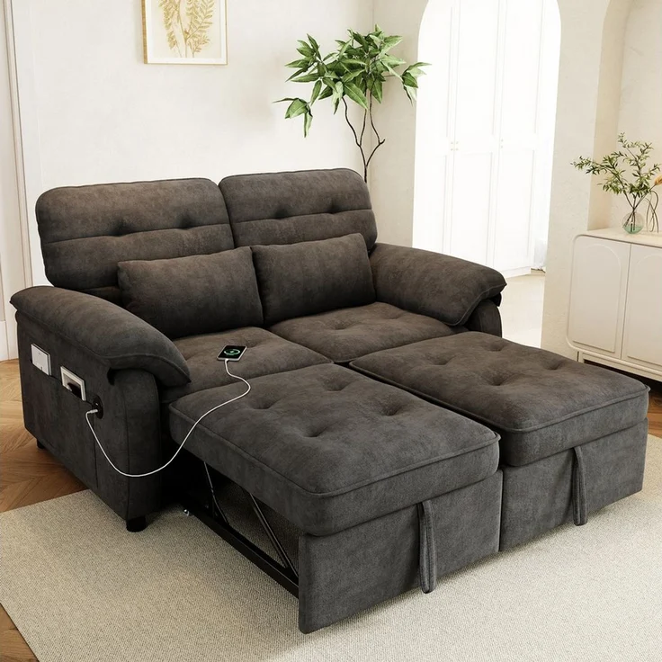 Merax Schlafsofa faltbar mit 3-fach verstellbarer Rückenlehne, Chenille, Sofabett Tagesbett Sofa 1 Teile, 3-in-1 Doppelschlafsofa mit Seitentasche, 2 Kissen & USB-Anschluss – Bild 5