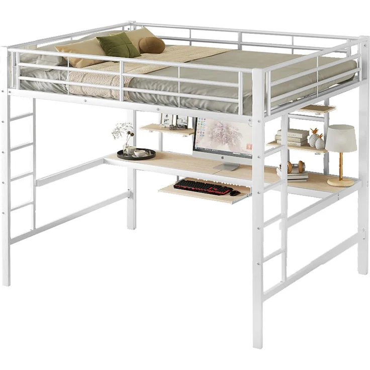 Hochbett 140x200 cm mit Schreibtisch und 2 Regalen – Metallbett in Weiß – Bild 5