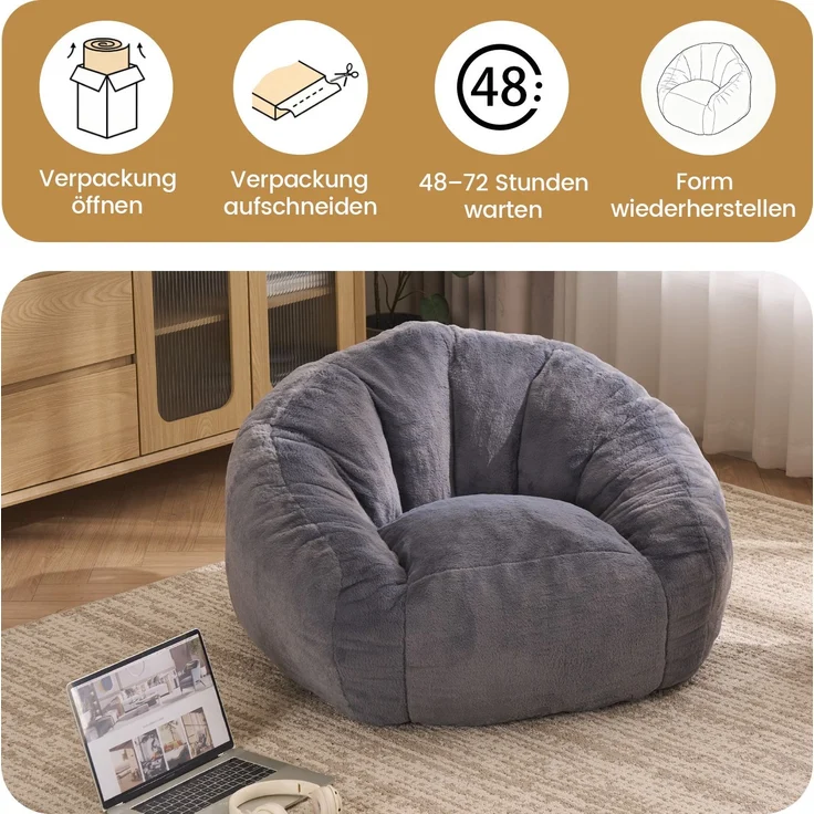 Sitzsack in Grau 98cm×98cm×60cm aus Polyester – gepolstert, formstabil und ohne Montage – Bild 2