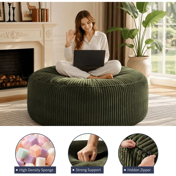 Wohnora – Übergroßer Sitzsack, 183 cm Durchmesser, Memory-Schaum-Füllung, Sitzsack für Erwachsene und Jugendliche, weiches Sofa mit weichem Stoffbezug, rundes Sofa für Wohnzimmer, Schlafzimmer, Studentenwohnheim, H 55 cm x T 143 cm x B 143 cm, Grün – Bild 2