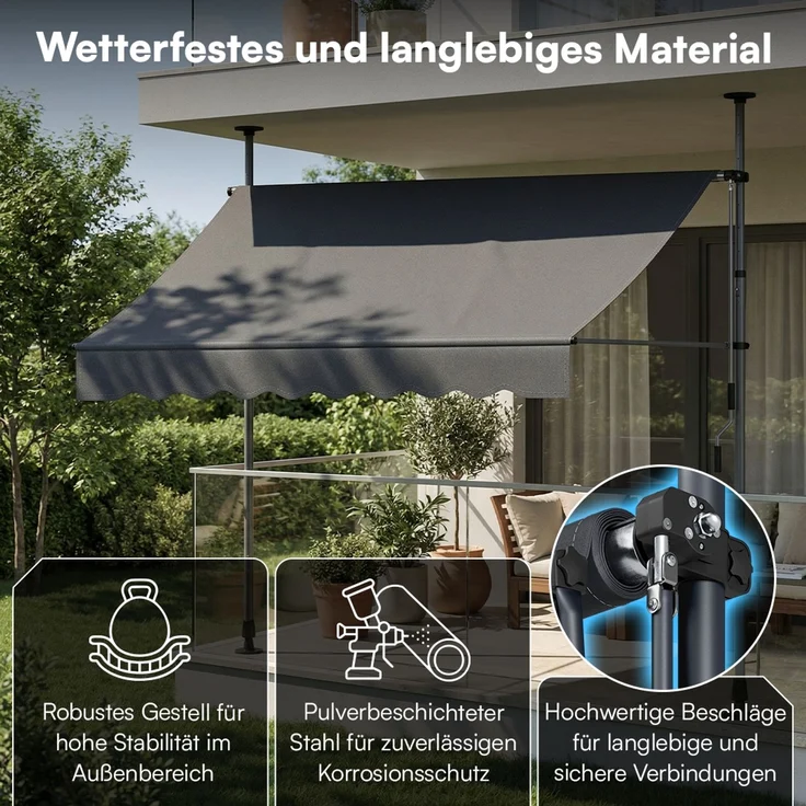 STEELSØN 'Dioran' Klemmmarkise mit Handkurbel 350x180 cm, anthrazit, stufenlos höhenverstellbar, wetterfest und UV-beständig, Balkonmarkise ohne Bohren – Bild 7