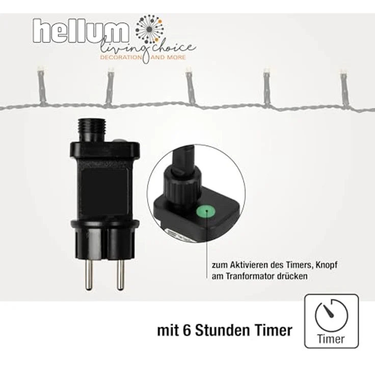 hellum LED Lichterkette außen mit 400 LED, Lichterkette Strom warmweiß mit Timer-Funktion, outdoor 49,9m mit Außen-Transformator, Kabel grün 577204 – Bild 5