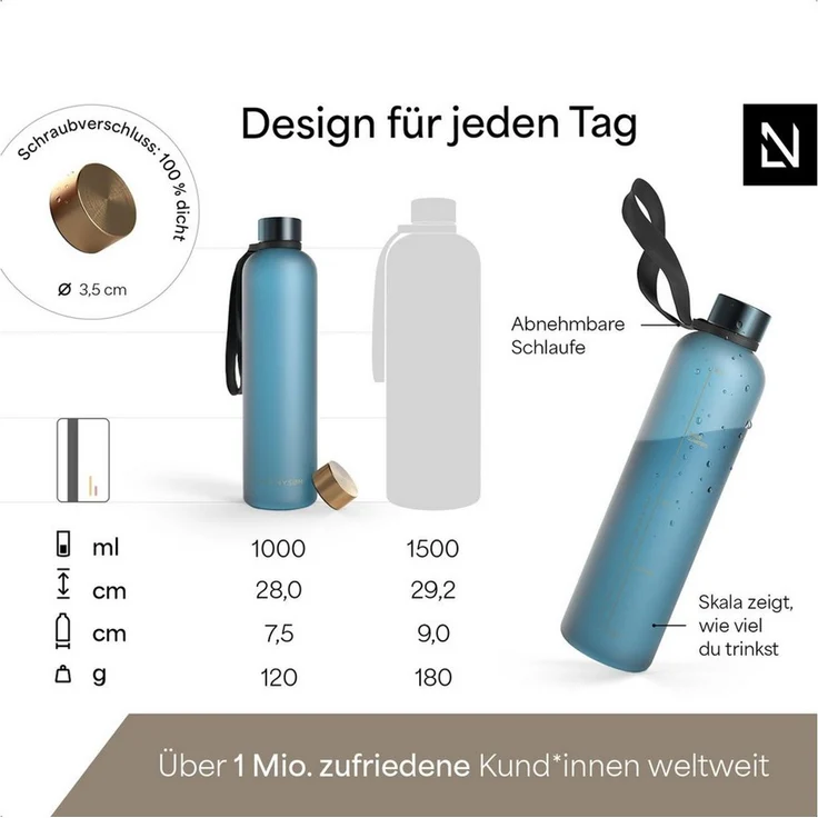 LARS NYSØM Trinkflasche Blæst, Trinkflasche mit Hydrationsskala und Trageschlaufe – Bild 3