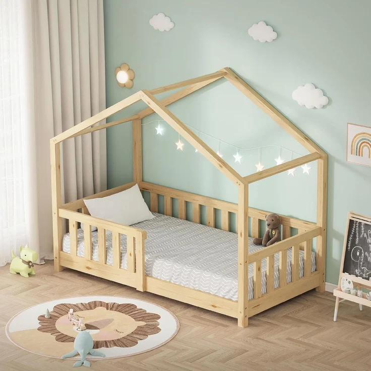 ML-DESIGN Spielbett Hausbett Kinderbett inkl. Lattenrost & Rausfallschutz Kinder Bodenbett, Abenteuerbett 70x140cm Haus Bett Himmelbett Kiefer Jugendbett Natur – Bild 7