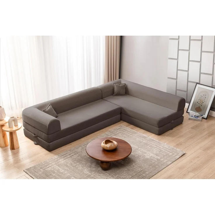 Ecksofa mit Schlaffunktion, 280 cm, Braun, 100% Gerippter Plüschstoff | 28 DNS Flexi-Schaumstoffkern, Abnehmbarer Bezug, 4 Kissen | Pfotenfreundlich & rutschfest – Bild 4