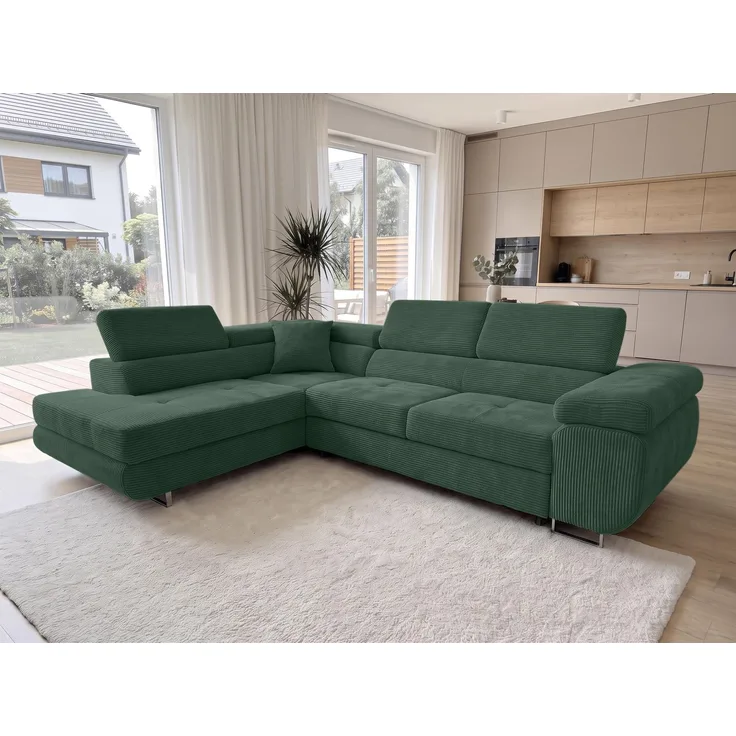 AX LIVING Konak Cord-Schlafsofa L Flaschengrün 276 cm, Bettkasten, Kopfstützen