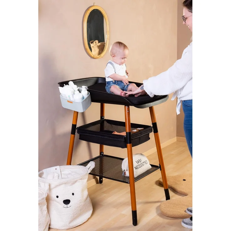 CHILDHOME, Wickeltisch, erweiterbar, 4 Höhen, leicht zu bewegen, Räder, Bremssystem, robust, Aufbewahrungskorb, inkl. Kissen, Evolux, Schwarz – Bild 6