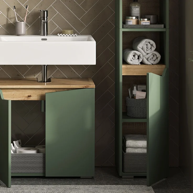 Badschrank Marelle Grün/Artisan 30 x 180 cm mit Türen und offenen Fächern Vicco – Bild 4