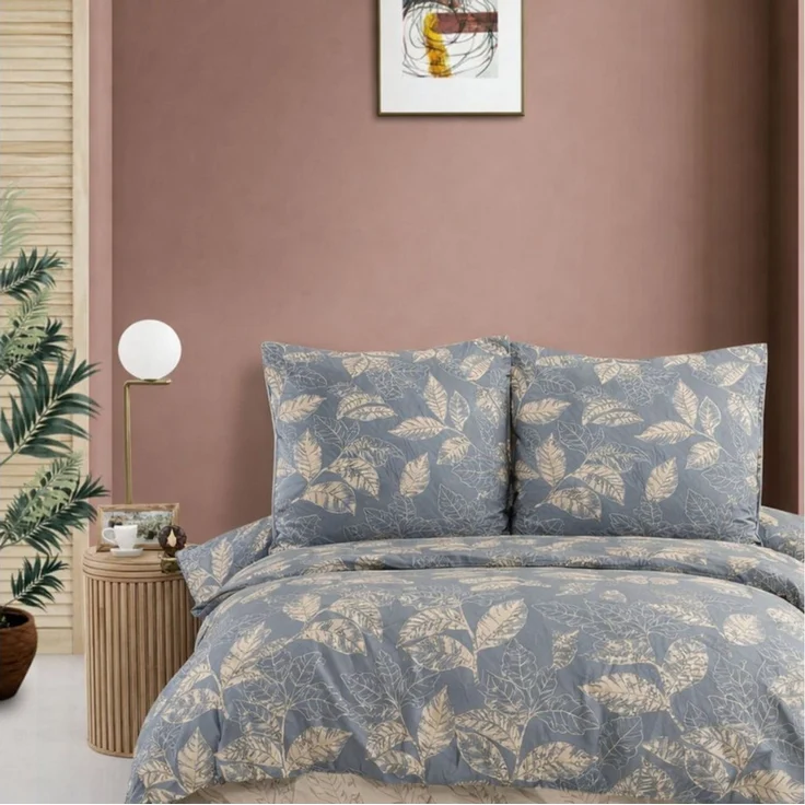 ZIRVEHOME Bettwäsche Baumwolle Bettbezug Graublau Beige Elegantes Blattmuster, Arina V1, Renforce, 2 teilig, 155x220 Baumwolle Natur-Design Graublau, Beige Blattmuster – Bild 5