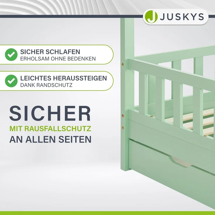Juskys 'Marli' Kinderbett, mit Matratze, Bettkasten, Rausfallschutz, Lattenrost & Dach - Massivholz Hausbett für Kinder - Bett in Mint, 80x160 cm – Bild 3