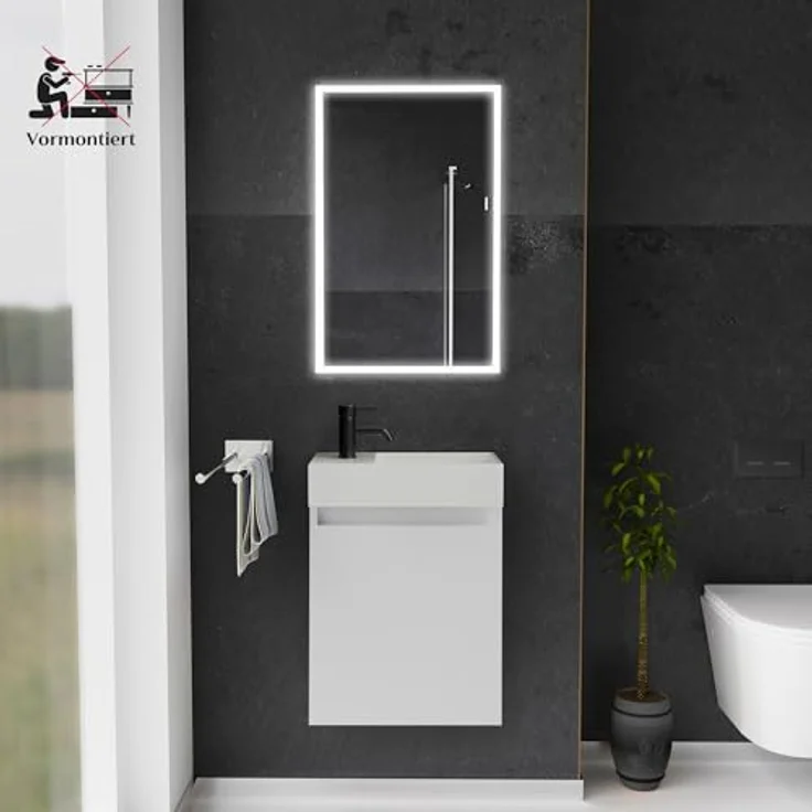 Alpenberger Badmöbel-Set Gäste WC Waschbecken mit Unterschrank - Badschrank Hängend, (2-tlg. Waschtisch Set Weiß, Waschbeckenunterschrank mit Softclose), Waschplätze für Kleine Bäder - Badschrank Hängend und Vormontiert – Bild 3