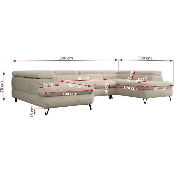 Ecksofa U-Form, mit Bettkasten, Bettfunktion und Einstellbare Kopfstützen, Sofa big XXL - PETER U - Creme Plüsch – Bild 8