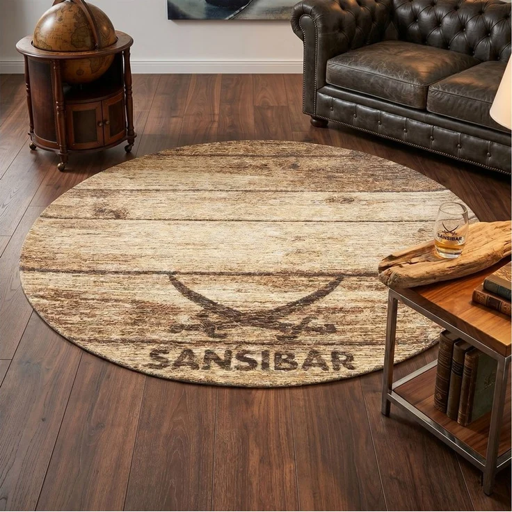 Sansibar Teppich Keitum 009, rund, Höhe: 3 mm, Flachgewebe, Motiv Holzdielen & gekreuzte Säbel – Bild 1