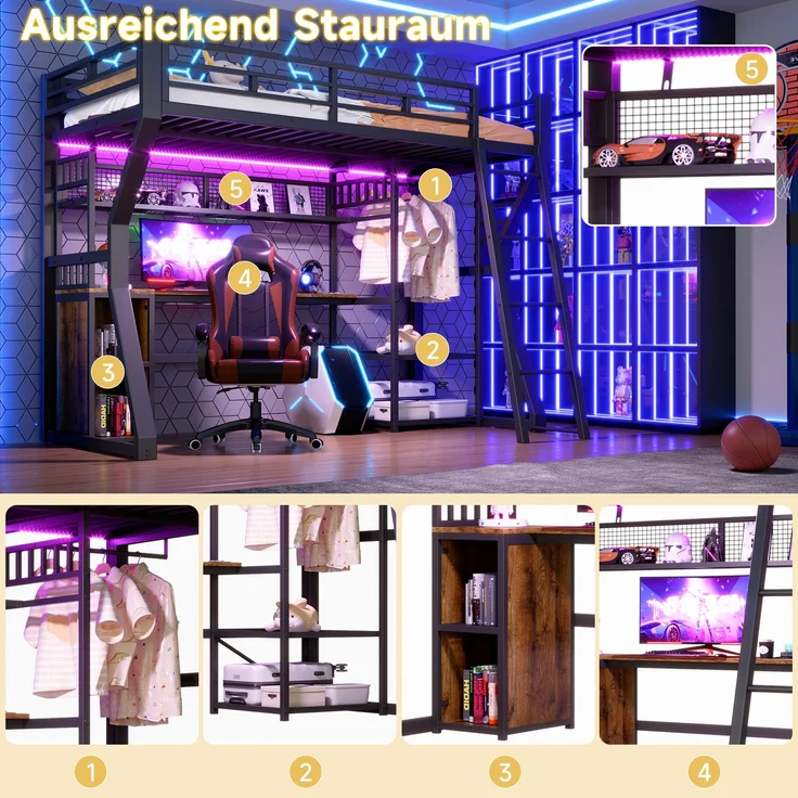 Hochbett, 90x200 cm, Eisenrahmen, mit Lichtleiste, Steckdose, Kleideraufhängebereich, Schreibtisch, Staufächer, Ablageböden, offener Raum unter dem Bett, ohne Matratze, Schwarz – Bild 6