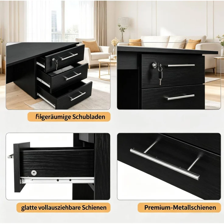 Schreibtisch aus Holz mit 3 Schubladen, 120x60x75 cm, Schwarz – Bild 8