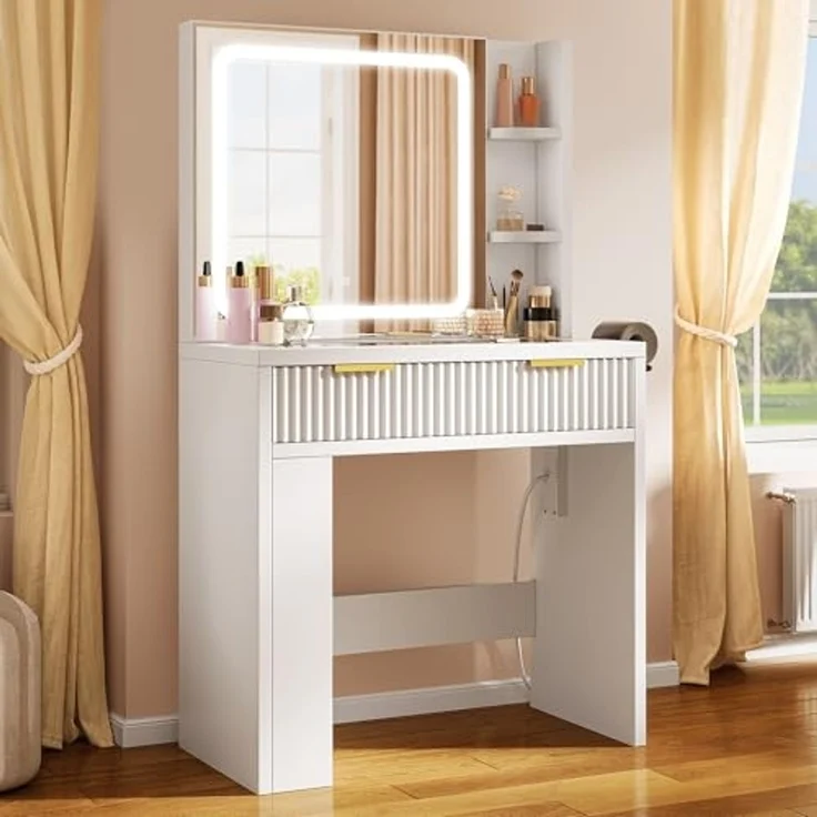 YITAHOME Klein Schminktisch mit Verstellbarer LED-Beleuchtung und Steckdosen, Frisiertisch für das Schlafzimmer, Make-up-Tisch mit transparenter Glasplatte, weiß, 80 x 40 x 140 cm – Bild 6