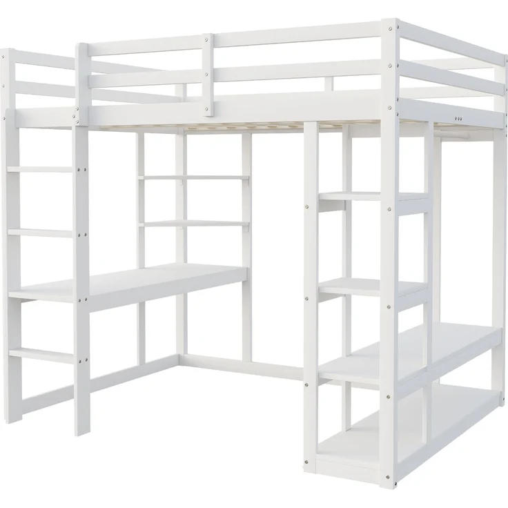 Hochbett 140x200 cm mit Schreibtisch und Stauraum,Kinder- & Jugendbett aus Massivholz,Leiter & Regale,Weiß – Bild 8