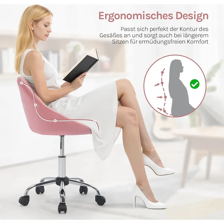 WOLTU Homeoffice Stuhl, Bürostuhl ergonomisch, Schminkstuhl drehbar, Drehstuhl mit Rollen, Schreibtischstuhl 150 kg belastbar, für Arbeitszimmer Schlafzimmer, Samt, Rosa, BS167rs – Bild 4