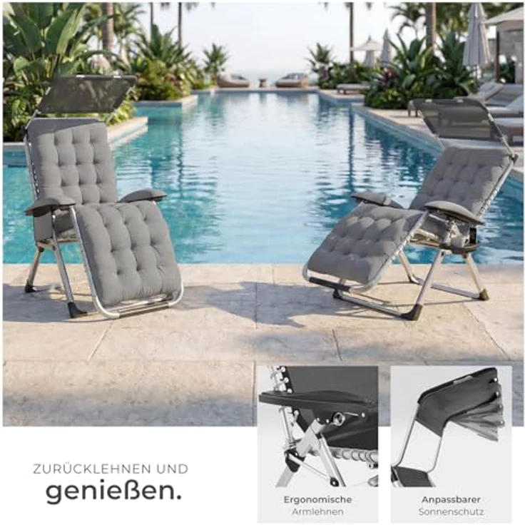 tectake® Sonnenliege klappbar, Liegestuhl, Gartenliege mit Sonnendach, Outdoor Sessel für Balkon oder Garten, Liege mit extra Dicker Auflage, Relaxliege belastbar bis 200kg - hellgrau, 2er Set – Bild 6